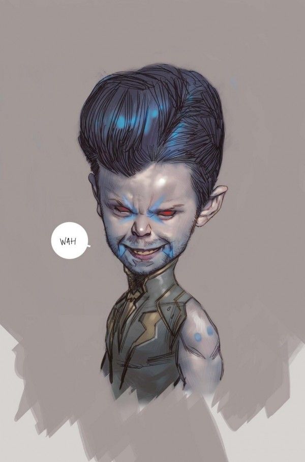 a grotesque caricature of a blueskinned male character with red eyes is shown. the figure has an exaggerated head, a sinister grin, and is wearing a futuristic costume. a speech bubble beside the character reads "wah". the image is in a comic book art style.