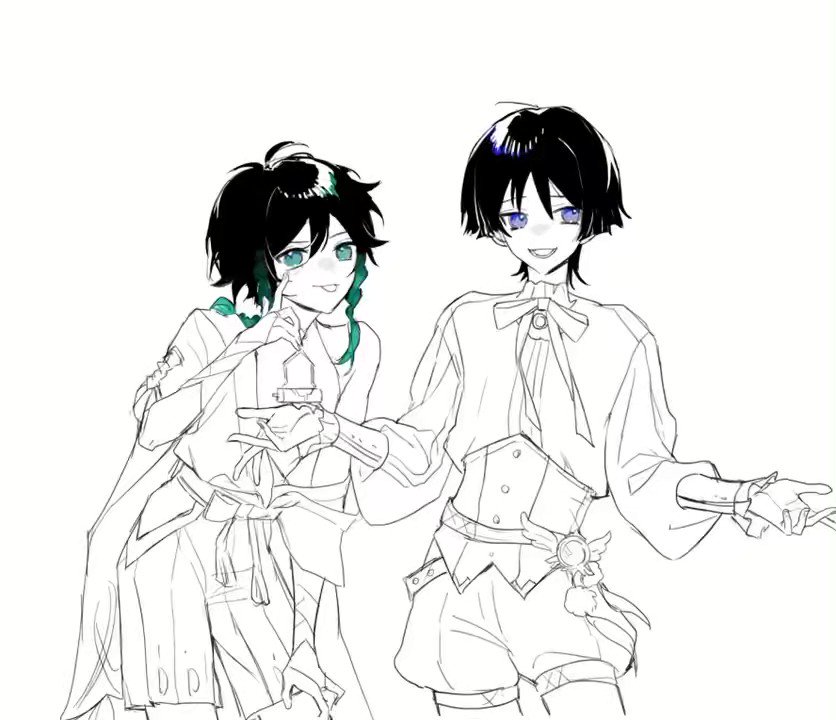 this is a black and white sketch of two anime characters. the character on the left is a male with short black hair and he is wearing a white buttondown shirt with a green scarf. the character on the right is a female with short black hair and she is wearing a white shirt with a black corset. both characters are smiling and the male character is holding a small gift in his hand.  they are both holding the gift and looking at each other. it looks like a romantic scene between the characters.