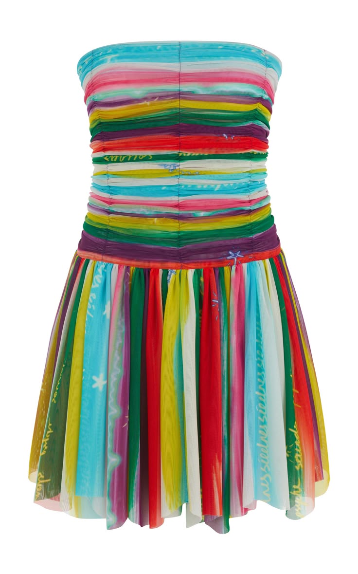 a colorful strapless mini dress is displayed on a white background. the dress has a rainbow of colors in horizontal stripes across the strapless bodice, with gathers for texture. the skirt of the dress consists of vertical stripes in various colors and patterns, and some stripes contain writing. the dress is full and flared, giving it a playful and airy appearance. the style is modern and vibrant.