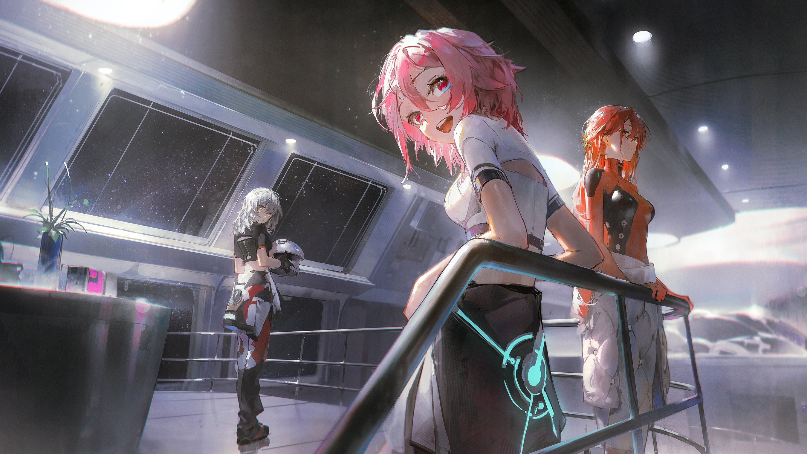 this is a digital painting of three female characters in a futuristic setting. the character in the center is a pink haired woman with red eyes, wearing a white shirt and black shorts. she is smiling and looking at the viewer. to the right, is a woman with long red hair, wearing a black and red futuristic outfit. she is standing with her arms crossed, looking to the side. to the left, is a woman with short grey hair wearing a black, red and white futuristic suit. she is holding a black helmet, and is looking to the side. all three women are standing on a platform overlooking a hallway. the walls of the hallway are white with black trim, and there are windows on the walls. there is a metal railing in front of the women, and a green plant is visible in the background. the overall style of the image is futuristic and cyberpunk.