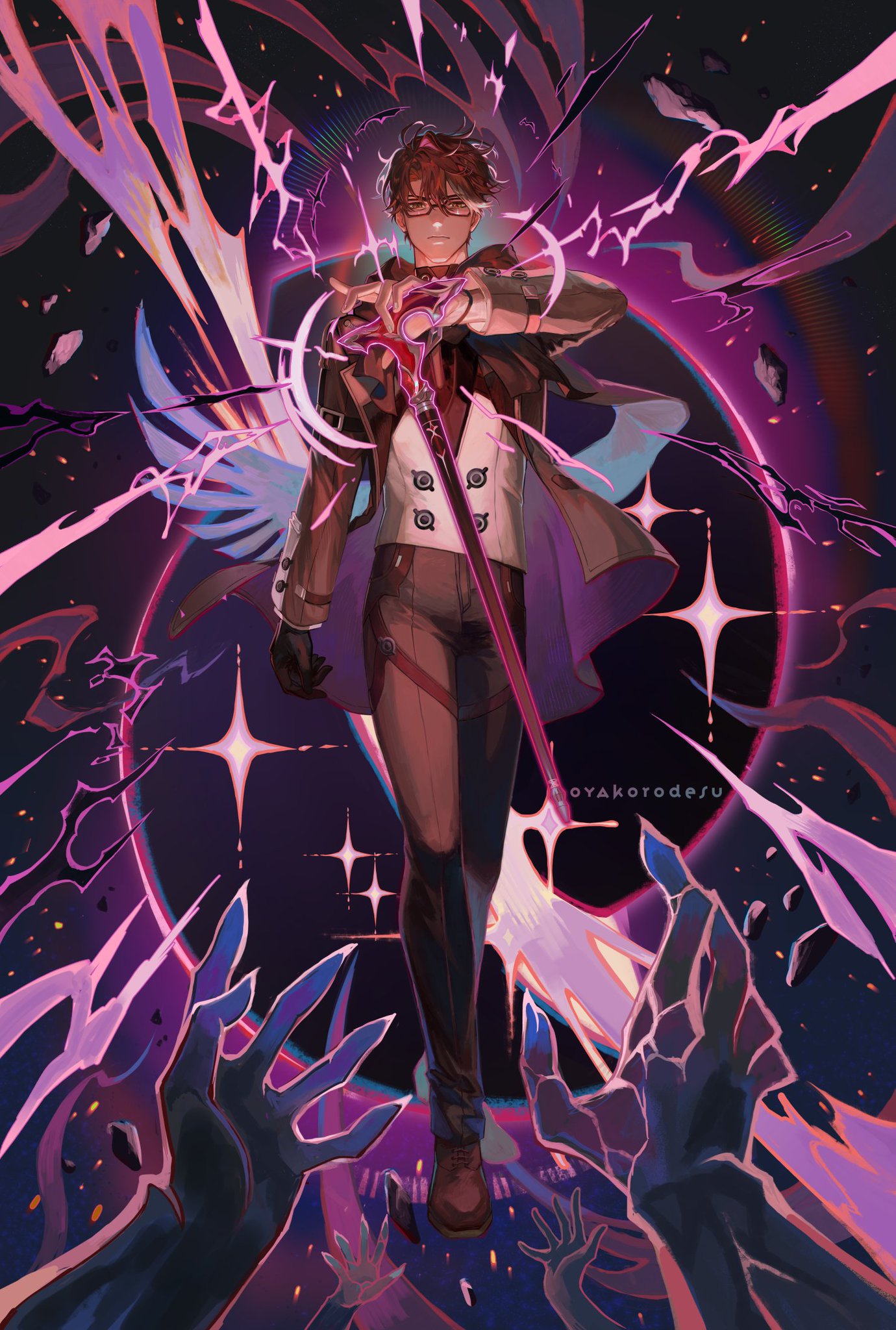 the image shows an anime character, a young man with long brown hair and red eyes. he is wearing a brown jacket over a white shirt and black pants. he is holding a sword and there are magic lightning and stars around him. the background is dark and there are hands reaching out to him.