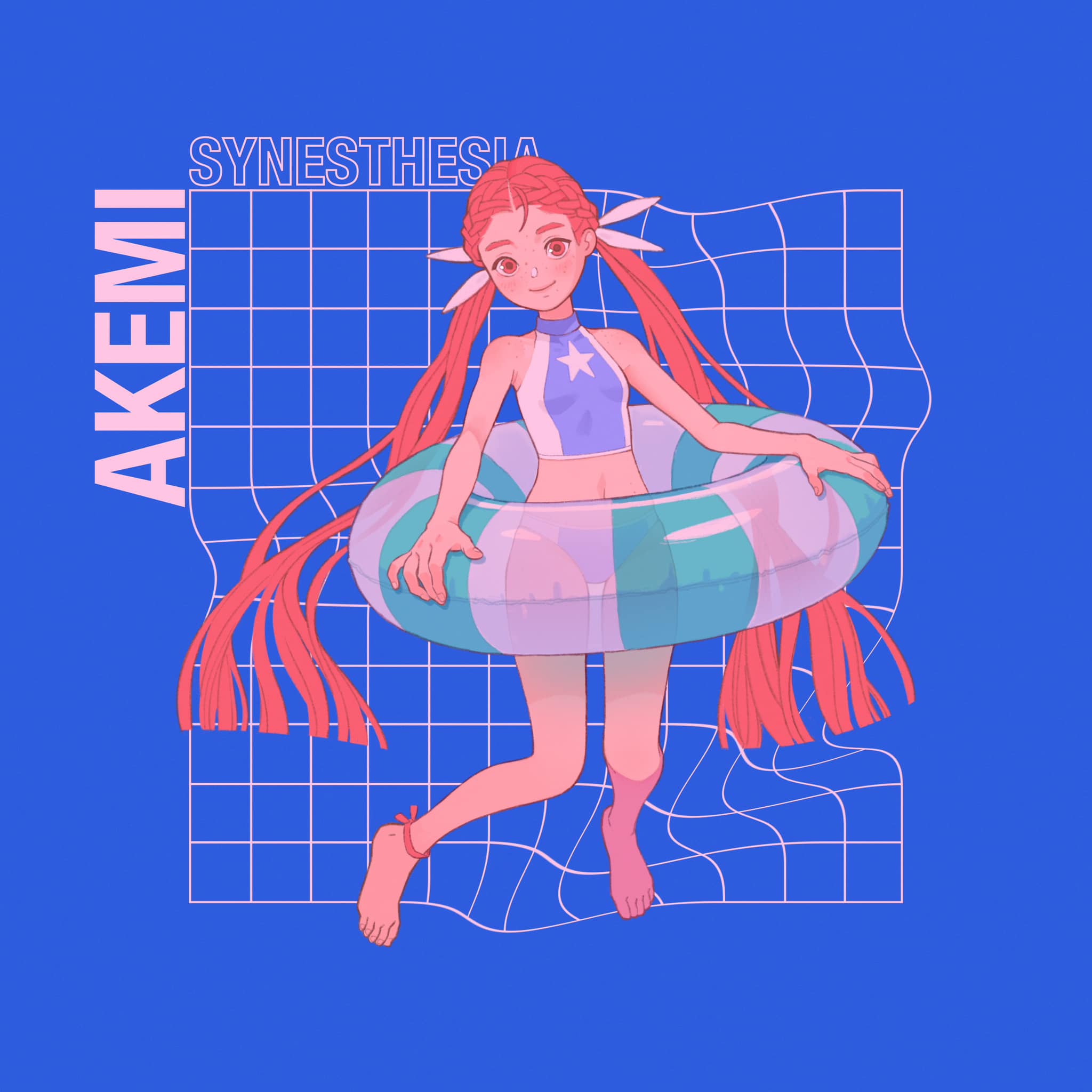 the illustration features a young woman, seemingly inspired by anime and manga styles. she has long, flowing red hair styled with two strands tied up.  she's wearing a twopiece swimsuit and is playfully posing with a blue and green inflatable ring. she's set against a vibrant blue backdrop with a distorted white grid pattern, giving the impression of being in a pool or at the beach. the overall aesthetic is cheerful, summery, and playful, with a focus on cuteness.