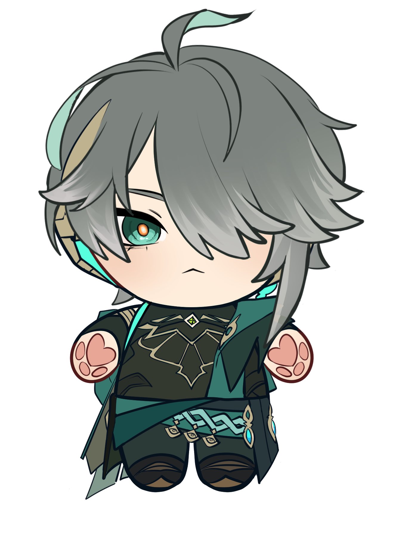 this is a cute chibi illustration of albedo from genshin impact. he has green hair and eyes and is wearing a green and black outfit. he is posed as if he is a plush toy with his hands in paws and a big smile.