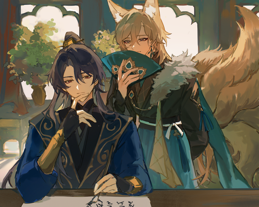 two anime boys are sitting in a room. the one on the left is wearing a blue and black kimono with gold accents. he is leaning forward with a serious expression, and his right hand is resting on his chin. the boy on the right is wearing a green and white kimono with fur accents. he has a fan in his hand, and is looking down with a gentle expression. there is a large fox tail behind him.