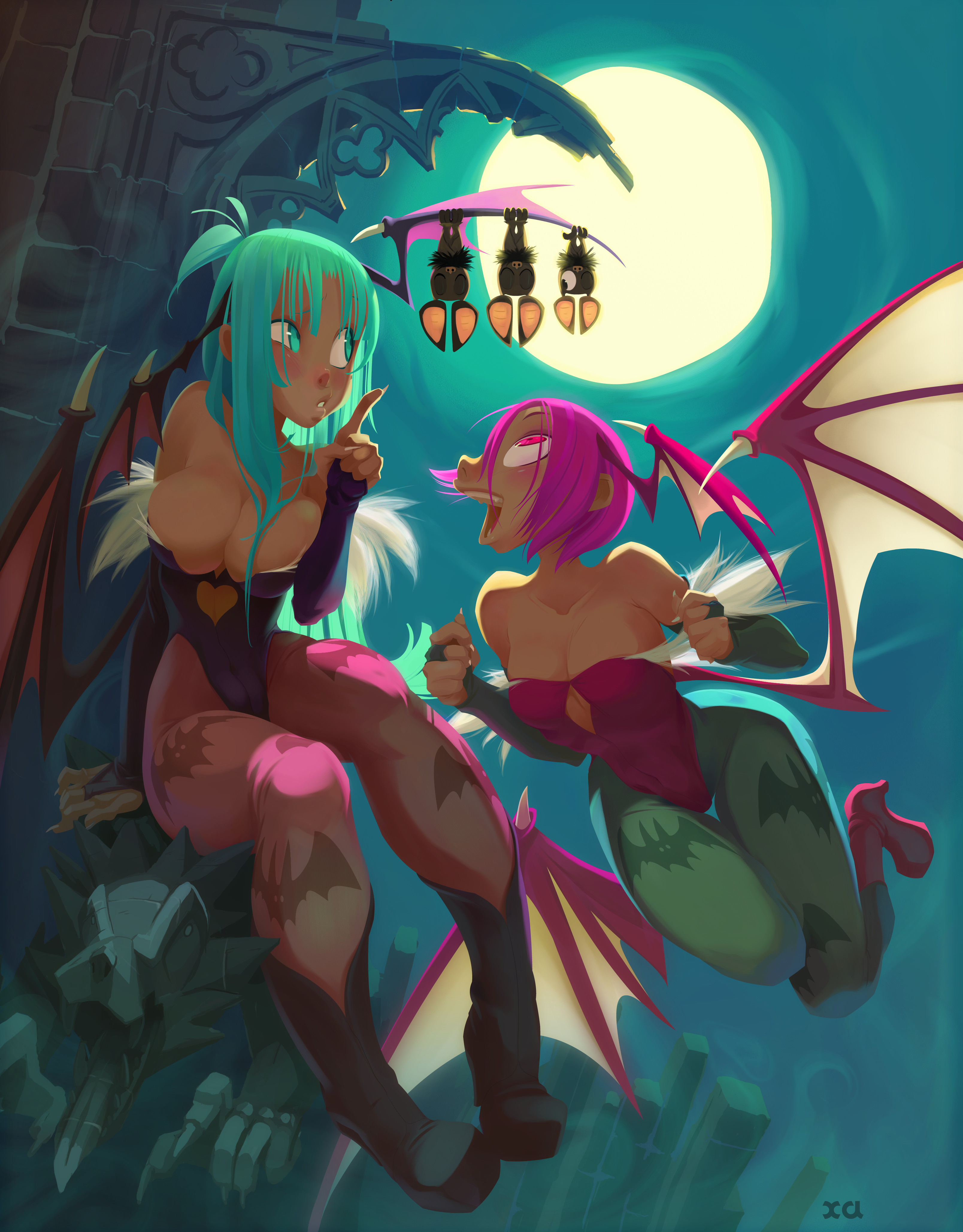 two anime characters, one with green hair and a pink outfit, and one with pink hair and a red outfit, standing on a gothic structure looking at each other. they both have batlike wings and are in front of a moonlit sky.