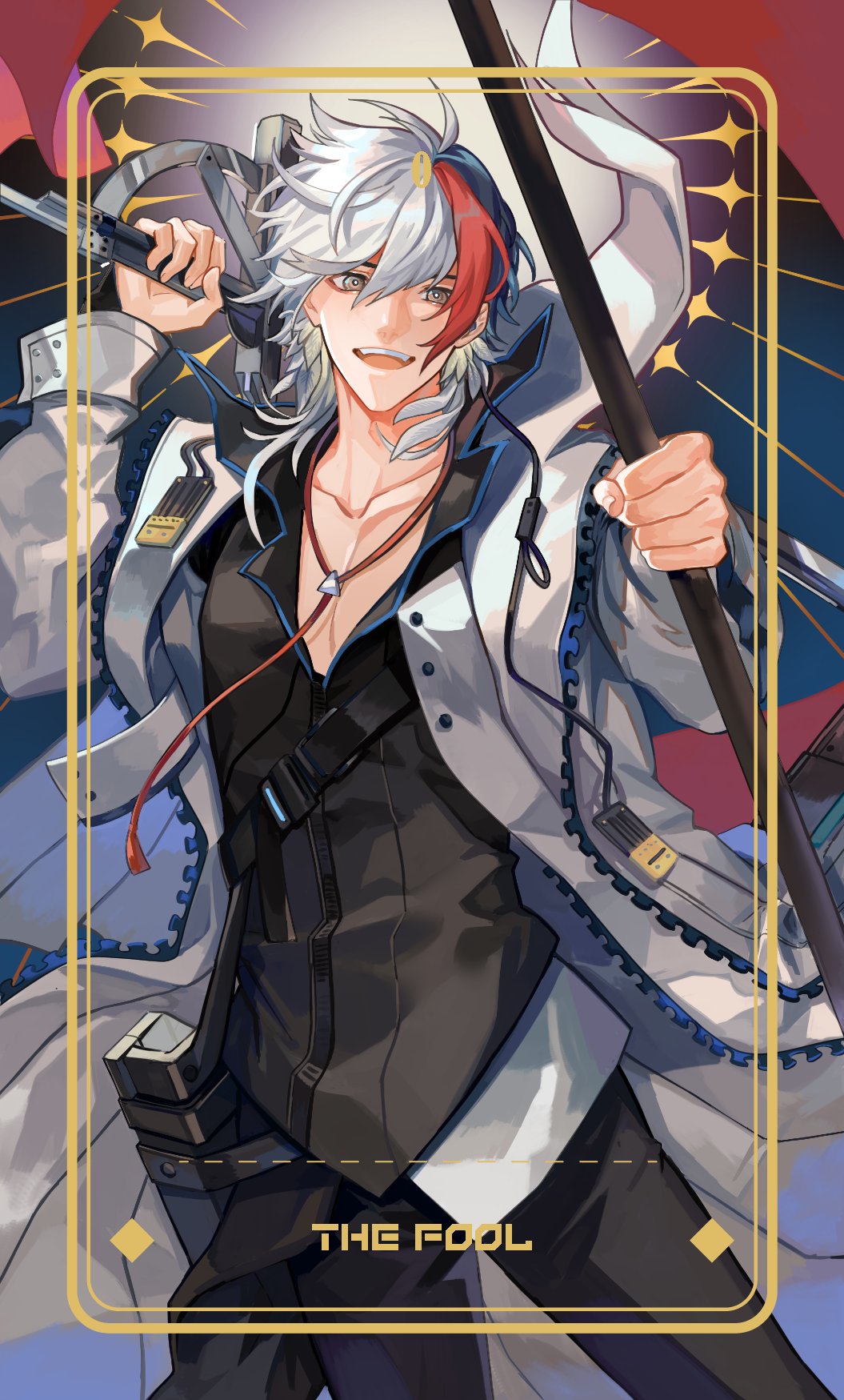 an anime illustration of a male character with white and red hair, dressed in a black outfit with a white jacket, wielding a sword with a confident smile. the character is depicted in a cool pose, against a background of a tarot card, "the fool".