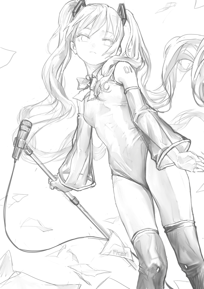 the image is a black and white sketch of hatsune miku, a virtual singer from the vocaloid franchise. she is holding a microphone and appears to be performing. she is wearing a bodysuit and boots. her signature long pigtails are visible.