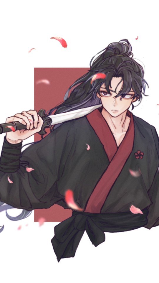 the image is a digital drawing or fanart of an animestyle male character. he has long, dark hair tied back in a ponytail and is wearing a darkcolored kimono or hakamastyle robe with red accents. he holds a dagger or short sword and has a serious expression. pink petals are falling around him, adding to the artistic and potentially fantasythemed atmosphere. the art style is elegant and detailed.