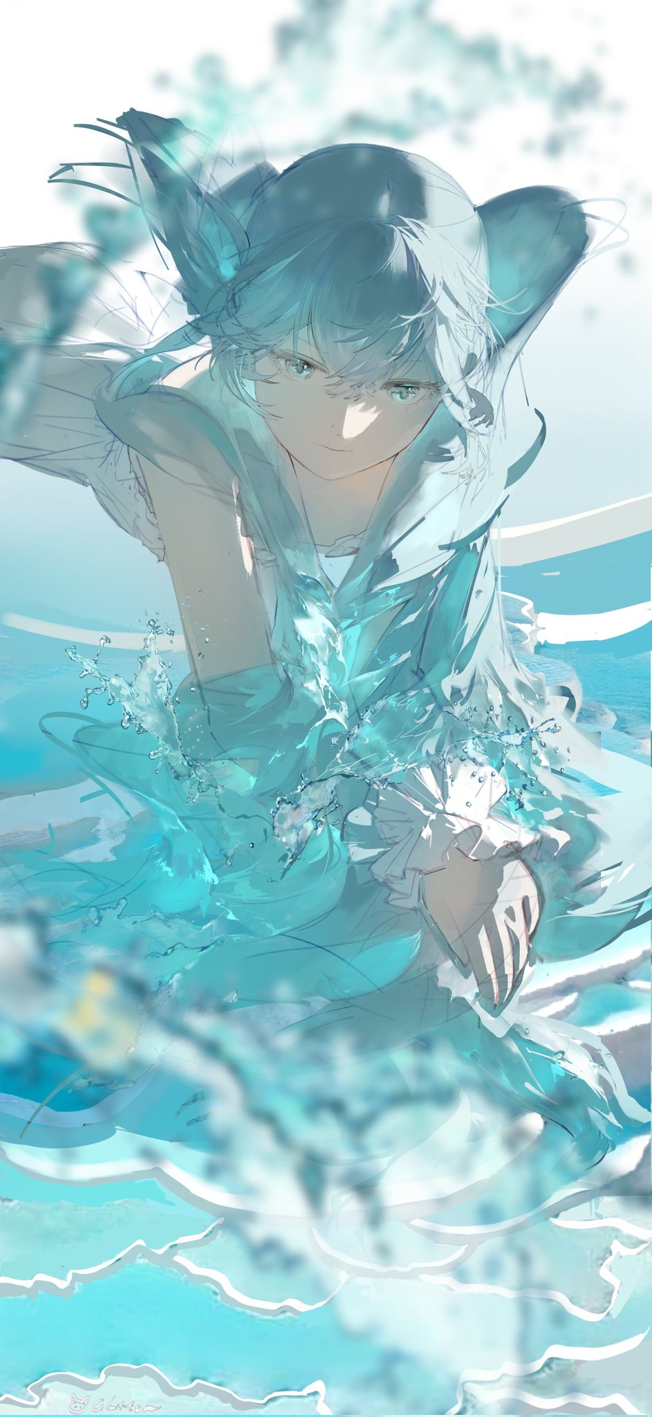 he image is a digital painting of an anime girl with blue hair and ears, appearing to be partially submerged in water.  she's wearing a flowing, lightblue dress that blends with the surrounding water. the water is depicted with splashes and waves, creating a dynamic and ethereal atmosphere. the overall style is soft and dreamlike, with a focus on the blending of the girl and the aquatic environment. the color palette is predominantly shades of blue and aqua, enhancing the serene and peaceful mood.