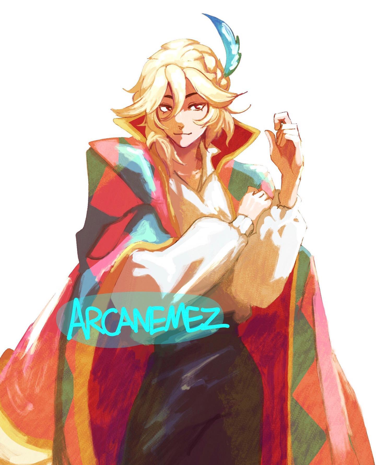 the image is a digital painting in an animeinspired style. it depicts a young man with long blond hair, styled with a braid and a single blue feather. he is wearing a vibrant, multicolored cloak reminiscent of howl pendragon's from howl's moving castle, along with a lighter colored shirt underneath. his pose is somewhat selfassured and elegant, with one hand gesturing slightly.  the artist's watermark, "arcanemez," is prominently displayed in a teal color. the overall style is painterly and slightly textured, with visible brushstrokes.  the background is plain white, drawing focus to the figure.