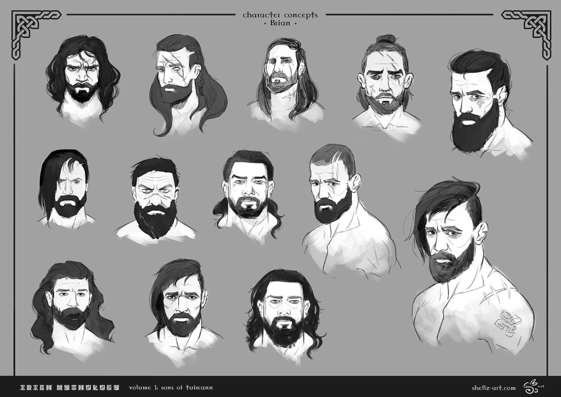 the image is a collection of character concept sketches for "brian" from "irish mythology: volume 1, sons of tuireann." it features multiple head and shoulder portraits of men with various hairstyles, beards, and facial expressions. the artwork has a handdrawn style and uses grayscale tones. there are celtic art elements present in the corners of the image. the watermark for shellzart.com is visible at the bottom right.