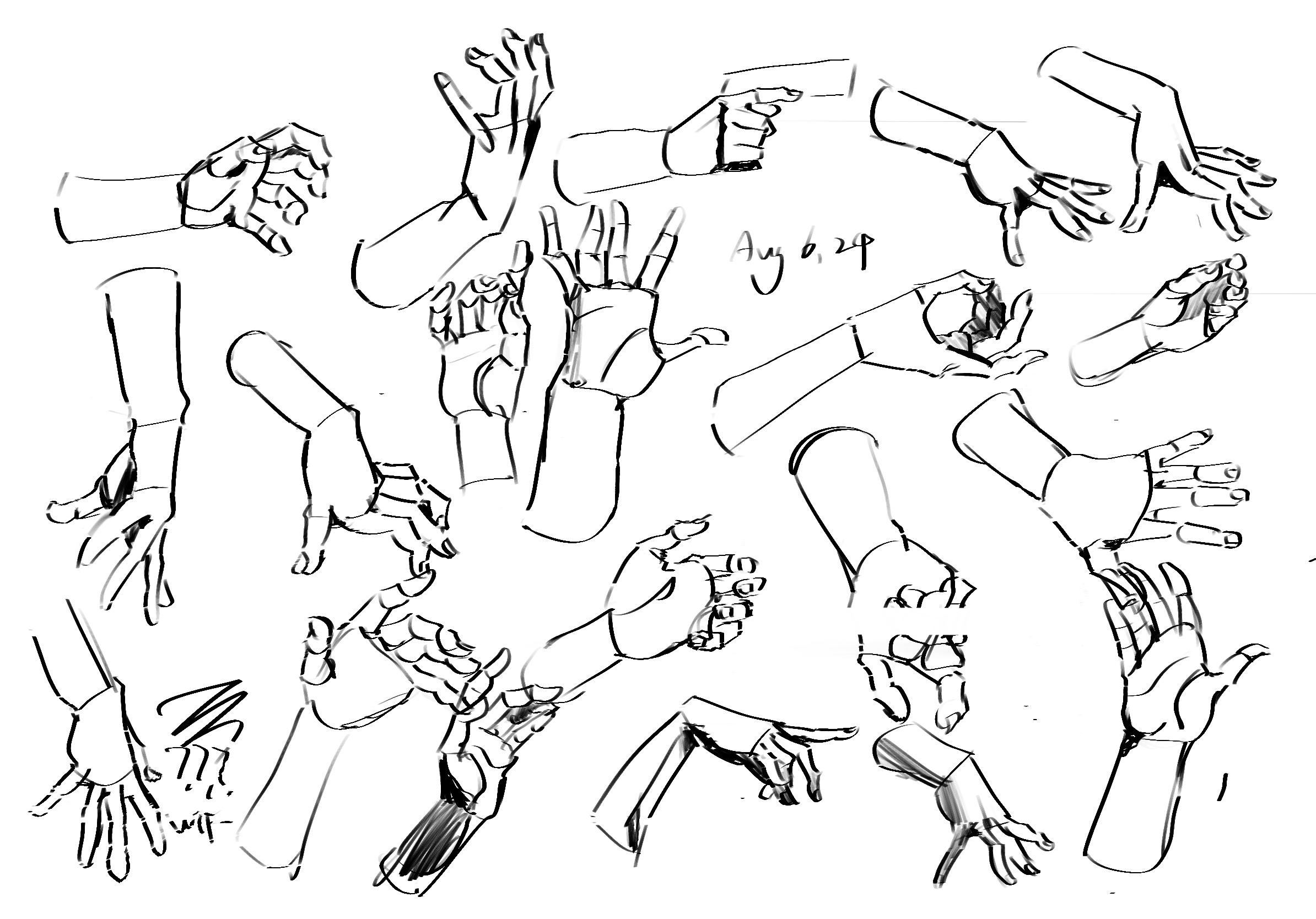 a black and white sketch page of hands in different positions. it appears to be an artist's study of hands for practice.