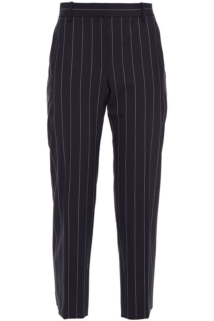 a pair of dark blue pinstripe trousers.