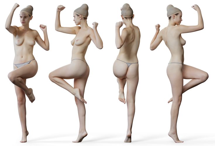 the image showcases a 3d render of a woman in four different poses against a pure white background. she is wearing minimal clothing, only underwear, and is flexing her bicep in each pose while looking at the viewer. the lighting is soft and even, typical of a studio setup.