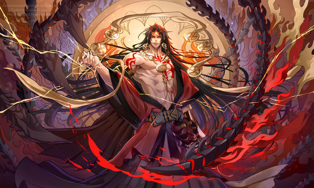 this is a digital art illustration of a male anime character. he is dressed in a long, flowing red robe and has long black hair that is drawn back to reveal his eyes. he also has red markings on his face and chest. the image features  a vibrant and intense style. the character is standing in a pose that evokes power and authority. he is surrounded by flames, smoke, and glowing lights. the details in the image are very intricate. there is a sense of epic scale and drama.