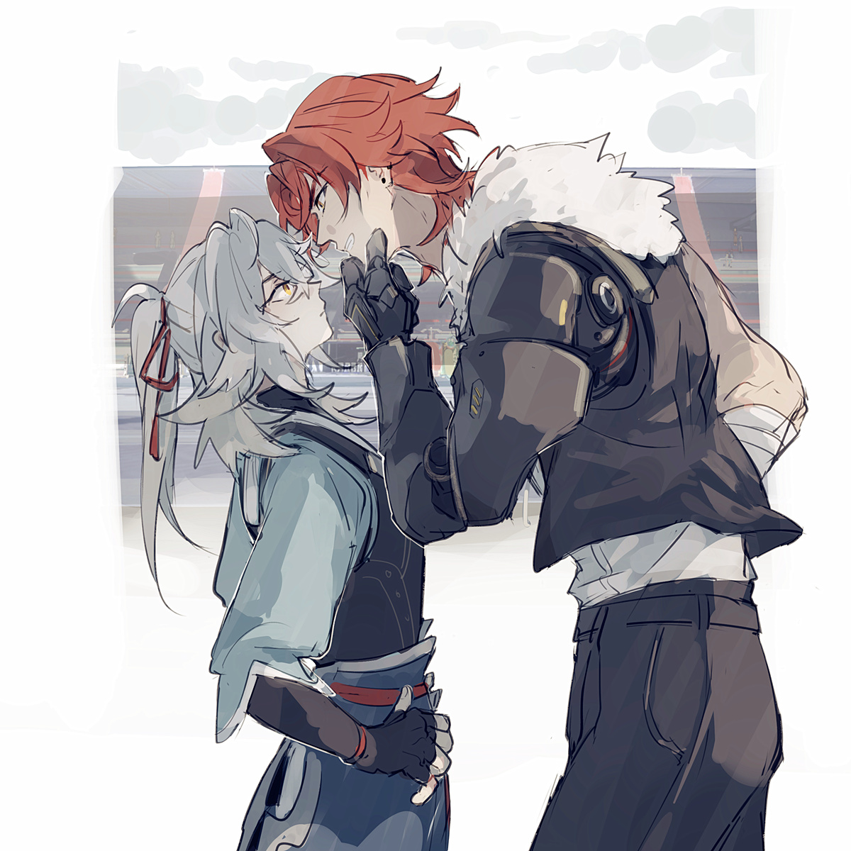 the image shows a couple of anime characters, one with white hair and one with red hair, who appear to be in a romantic relationship. the white haired character is wearing a blue and white outfit, while the red haired character is wearing a black jacket and white shirt. the two characters are leaning in close to each other, and the red haired character is touching the white haired character's forehead with their finger.
