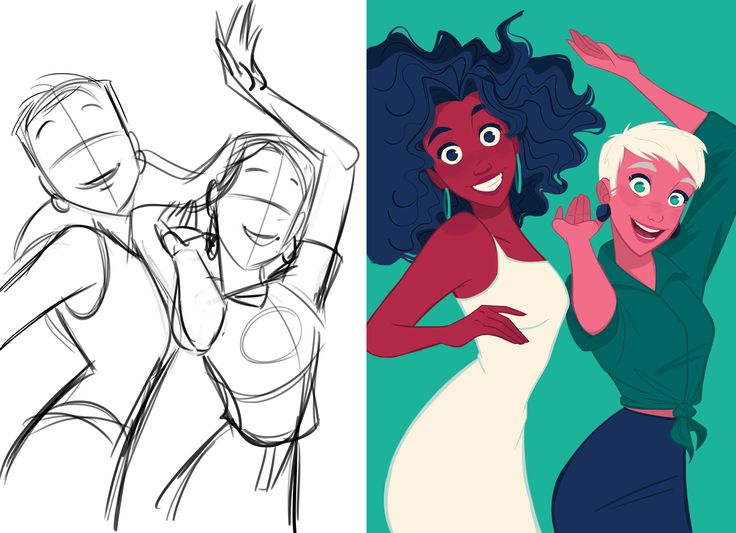the image is a stepbystep illustration of two female friends dancing. the left side of the image is a sketch of the two women, showing the basic outlines of their bodies and poses. the right side of the image is a more detailed and colored version of the sketch, showing the women in full detail, with their outfits, hairstyles, and expressions. the two friends are dressed in casual outfits and are smiling and laughing as they dance. the image is a fun and lighthearted depiction of female friendship.