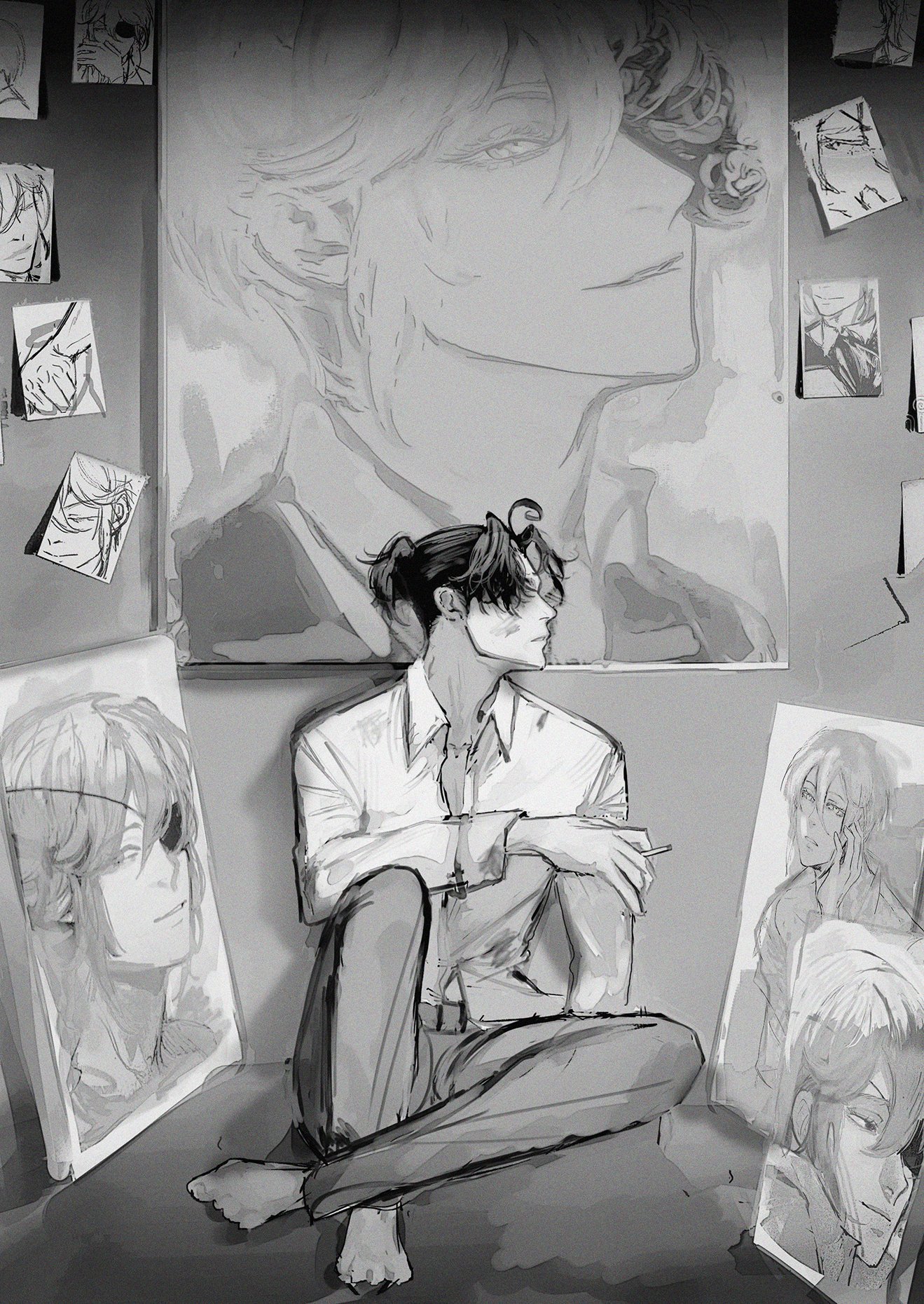 a man in an anime style, dressed in casual clothes and with a relaxed pose, sits on the floor in a dark room. he seems to be in deep thought as he gazes at something out of frame. in the background, the walls are covered in various sketches and drawings, including a large portrait of another man with a serious expression. the room has a dark and mysterious atmosphere.