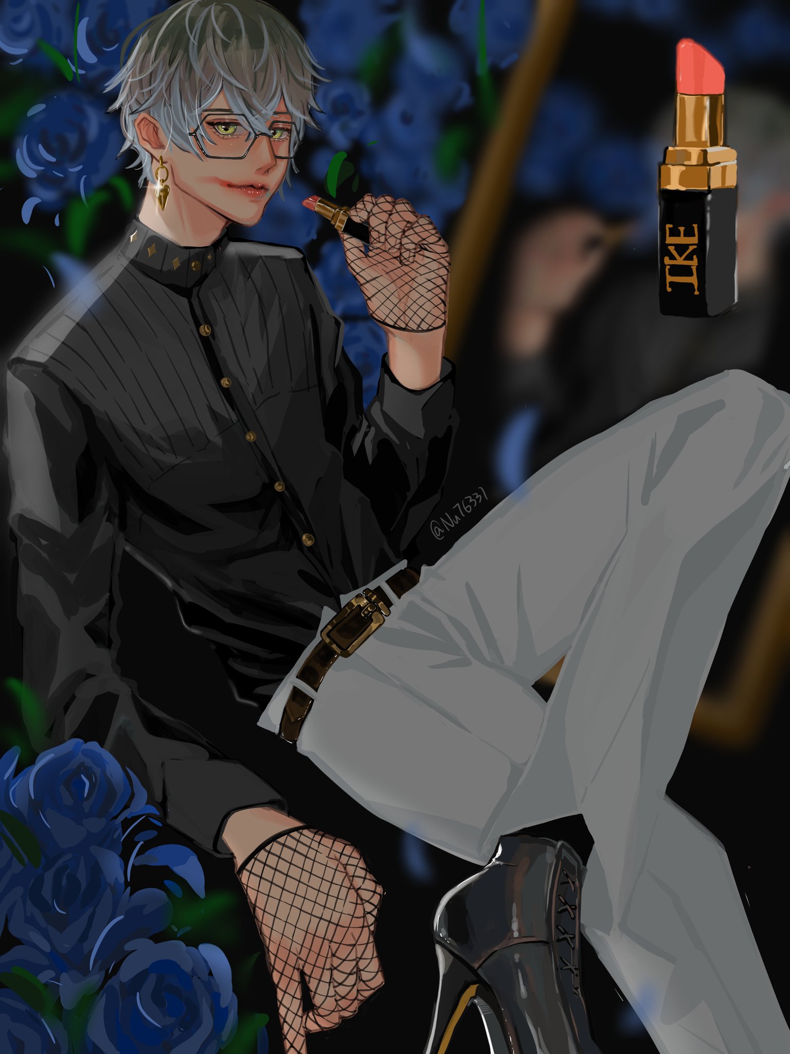 an anime man with gray hair, a black buttonup shirt, white pants, and black boots, poses while looking at a lipstick. the man is wearing fingerless black gloves and a pair of glasses. he is sitting on a stool surrounded by blue flowers.