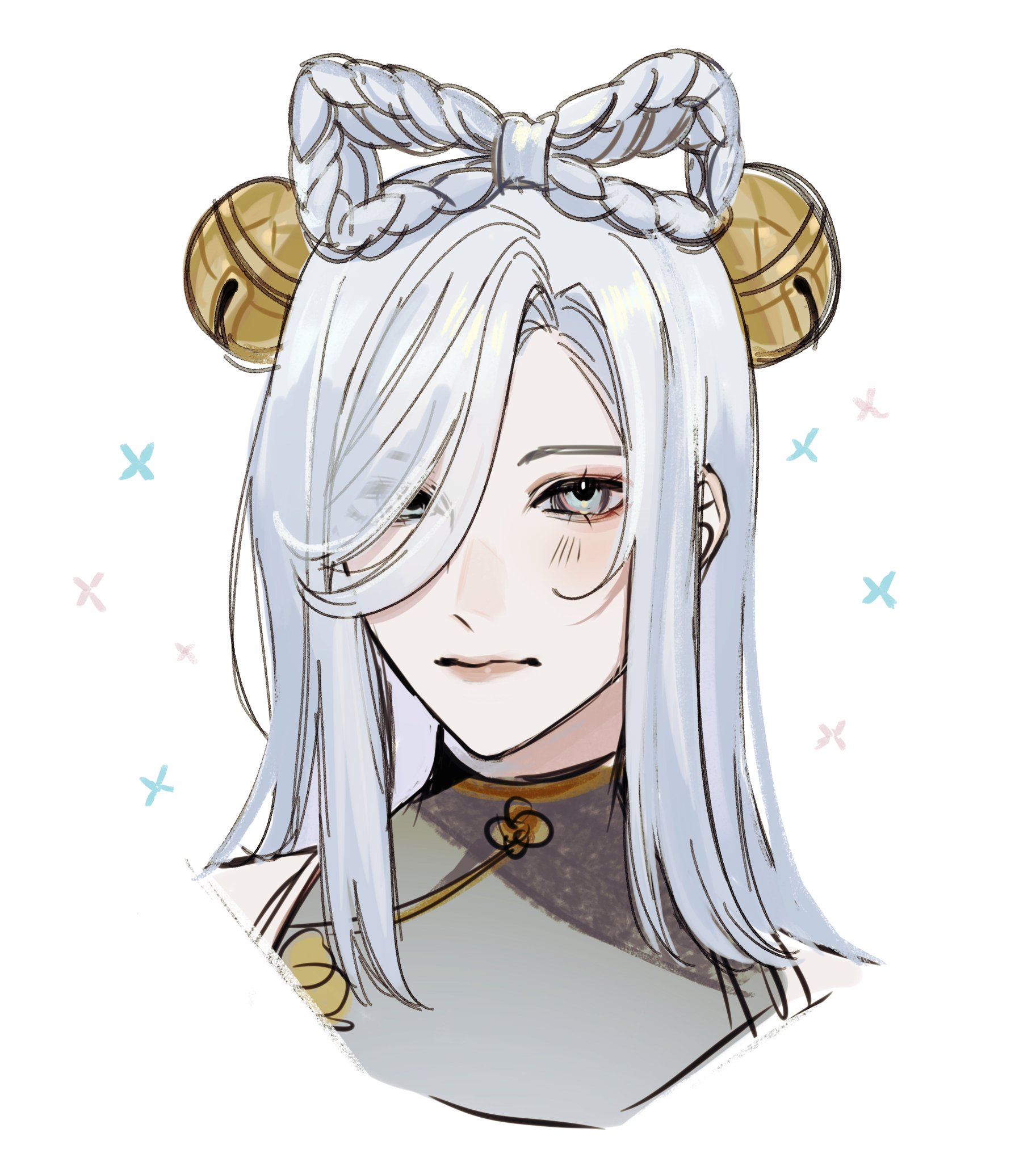 a drawing of an anime girl with long, flowing white hair. she has a white bow headband with gold bells on the ends. she is looking to the side and her expression is sweet and slightly embarrassed.  the background is a pale blue with a few scattered pink and blue x's.