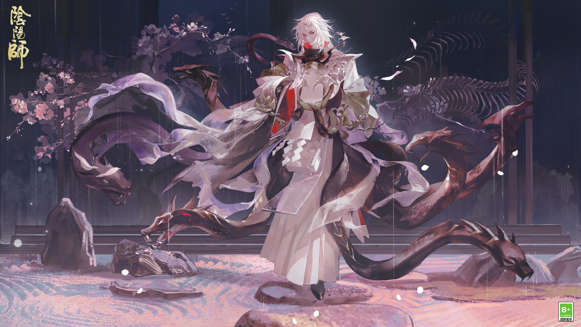 the illustration showcases a serene, ethereal male figure with flowing white hair, adorned in an elegant white and brown robe with gold accents. he stands gracefully amidst a dimly lit, atmospheric templelike setting. several dark, serpentine dragon heads with glowing eyes emerge from behind him, their bodies entwined and seemingly composed of ethereal smoke or mist.  delicate white flowers bloom on branches framing the scene, contrasting with the darker elements. a giant skeletal ribcage looms in the background, hinting at a hidden power or ancient magic. the overall palette is muted and atmospheric, with cool tones dominating the scene.