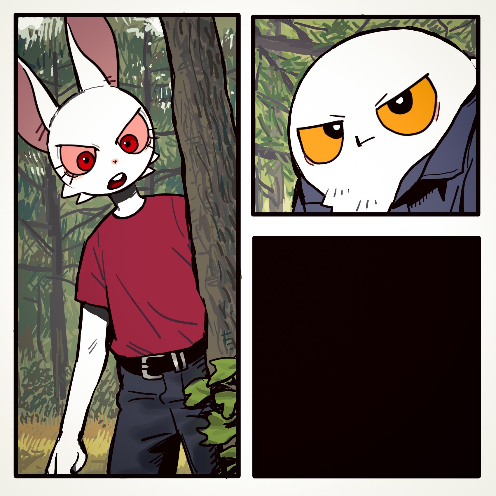 a comic illustration of a rabbit character looking to the right while another skulllike character with yellow eyes is looking left. the rabbit has a red shirt and blue pants.  the skull character is wearing a navy coat. the scene takes place in a forest.