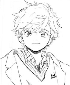 this is a black and white sketch of a young man with short, messy hair. he is wearing a collared shirt with a sweater over it. he is drawn in a manga or anime style.