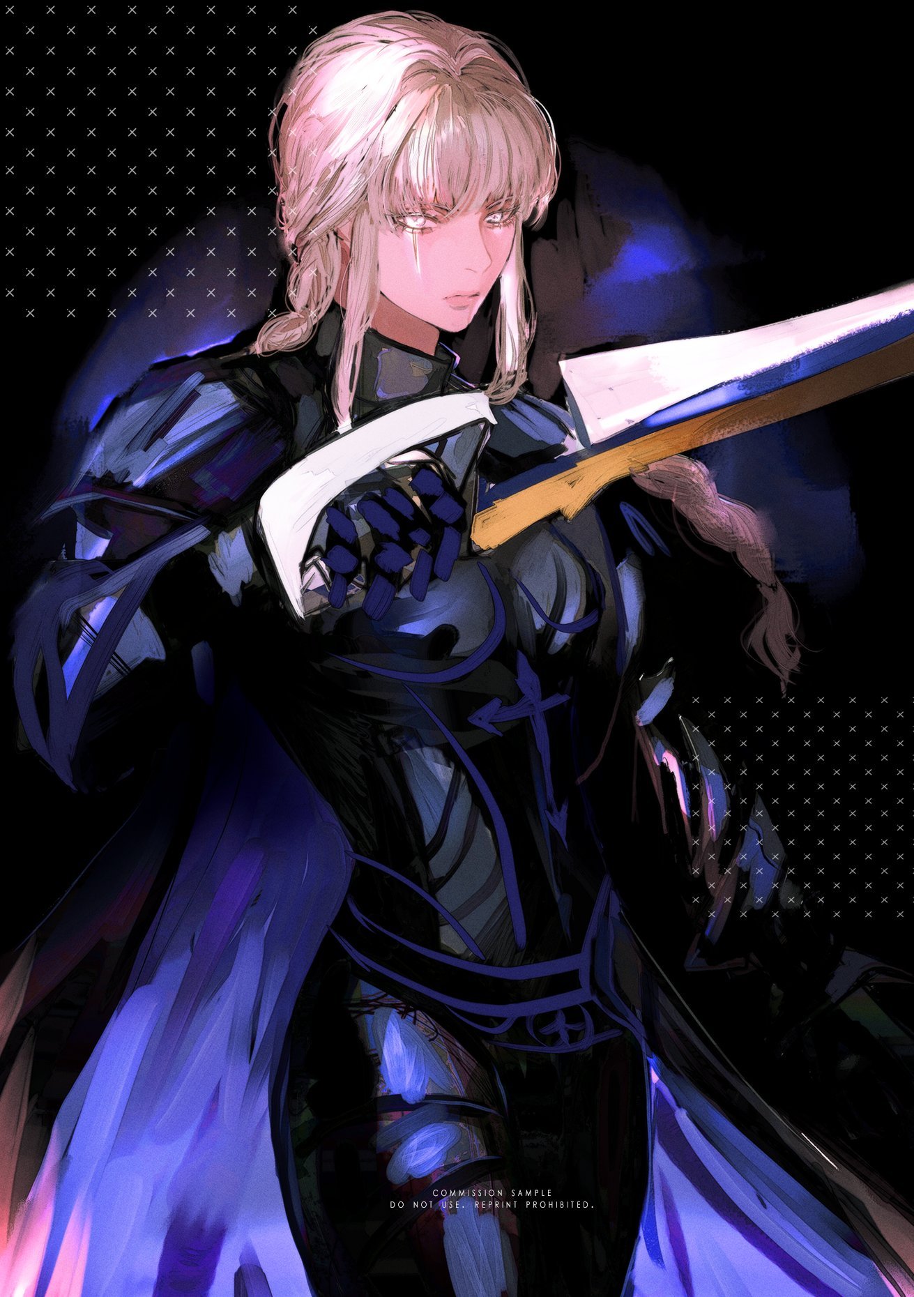 a digital illustration of a blonde anime girl in knight armor wielding a sword. she is wearing a blue cloak and her hair is flowing in the wind. the background is black with a pattern of white crosses. the girl's expression is fierce and determined.