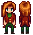 a pixel art depiction of a female character with long red hair wearing a green scarf, a red coat, green trousers, and brown boots.  she is shown in both front and side views.