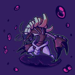 a cartoon drawing of a buglike creature with white armor stands on a puddle of purple goo. it has a large, clawed arm and is surrounded by floating purple bubbles.