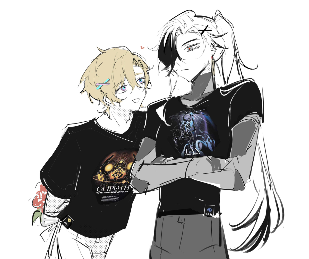 the image shows a drawing of two anime characters, a blonde boy and a whitehaired girl,  both smiling with their arms around each other. the boy is wearing a black tshirt with a graphic design and the girl is wearing a black tshirt with a graphic design and a pair of earrings. they are standing close to each other, and it appears they are hugging or embracing.  they are surrounded by pink heart shapes in the background, which could suggest romance. they look happy and comfortable together.  the image is in a black and white style, but with some color details in the clothing and hair. the art style is simple and cute, giving the image a friendly and approachable feel.