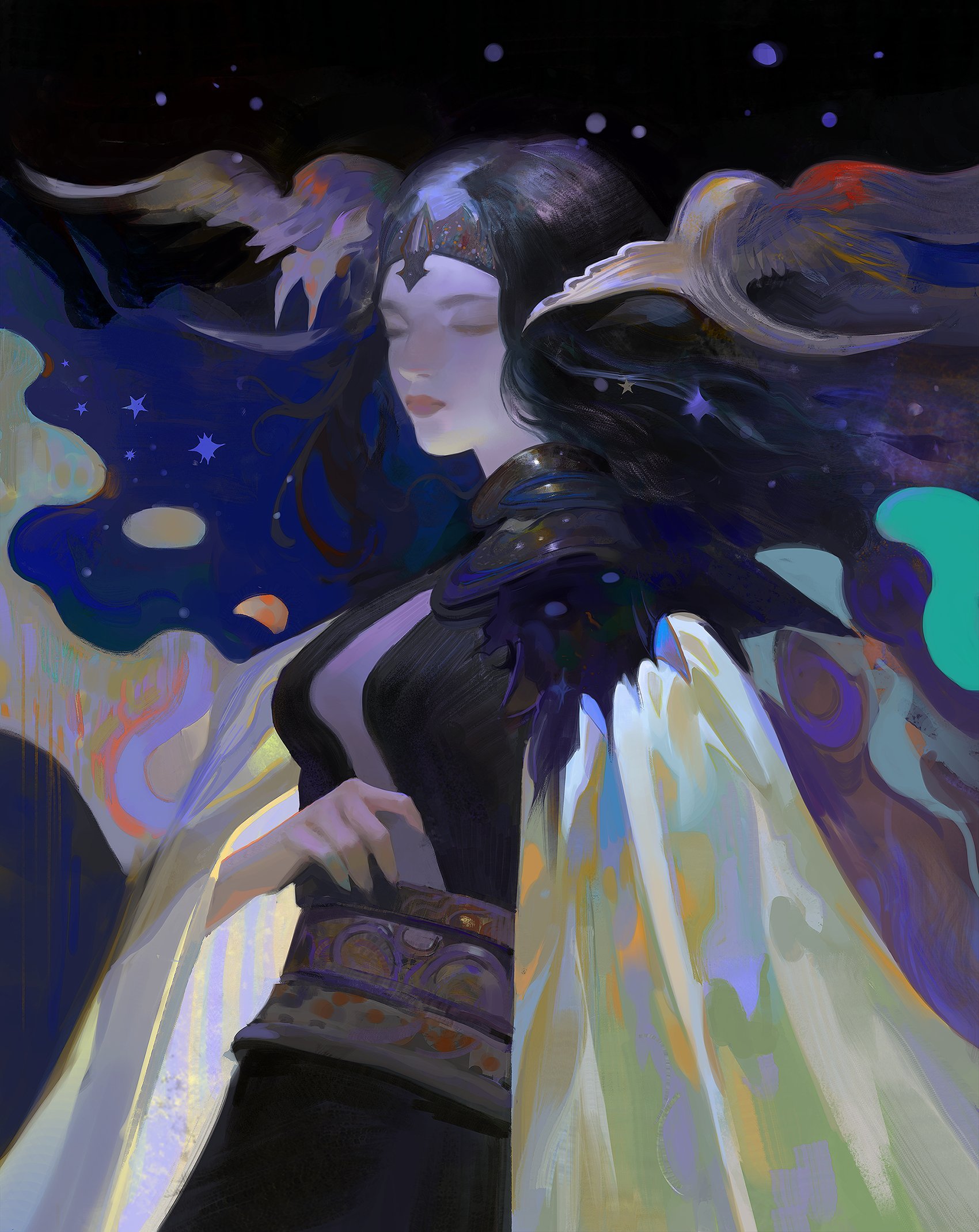 this digital painting features a woman with dark hair and a crown standing in the middle of a cosmic scene. her face is soft and dreamy, with her eyes closed. she is wearing a long robe with a flowing cloak and a belt adorned with intricate patterns. her hands are clasped in front of her, and her posture suggests a sense of serenity and peace. the background is filled with a mix of dark blues, purples, and pinks, creating an ethereal and mystical atmosphere. stars and galaxies swirl around the woman, suggesting she is connected to the cosmic realm.