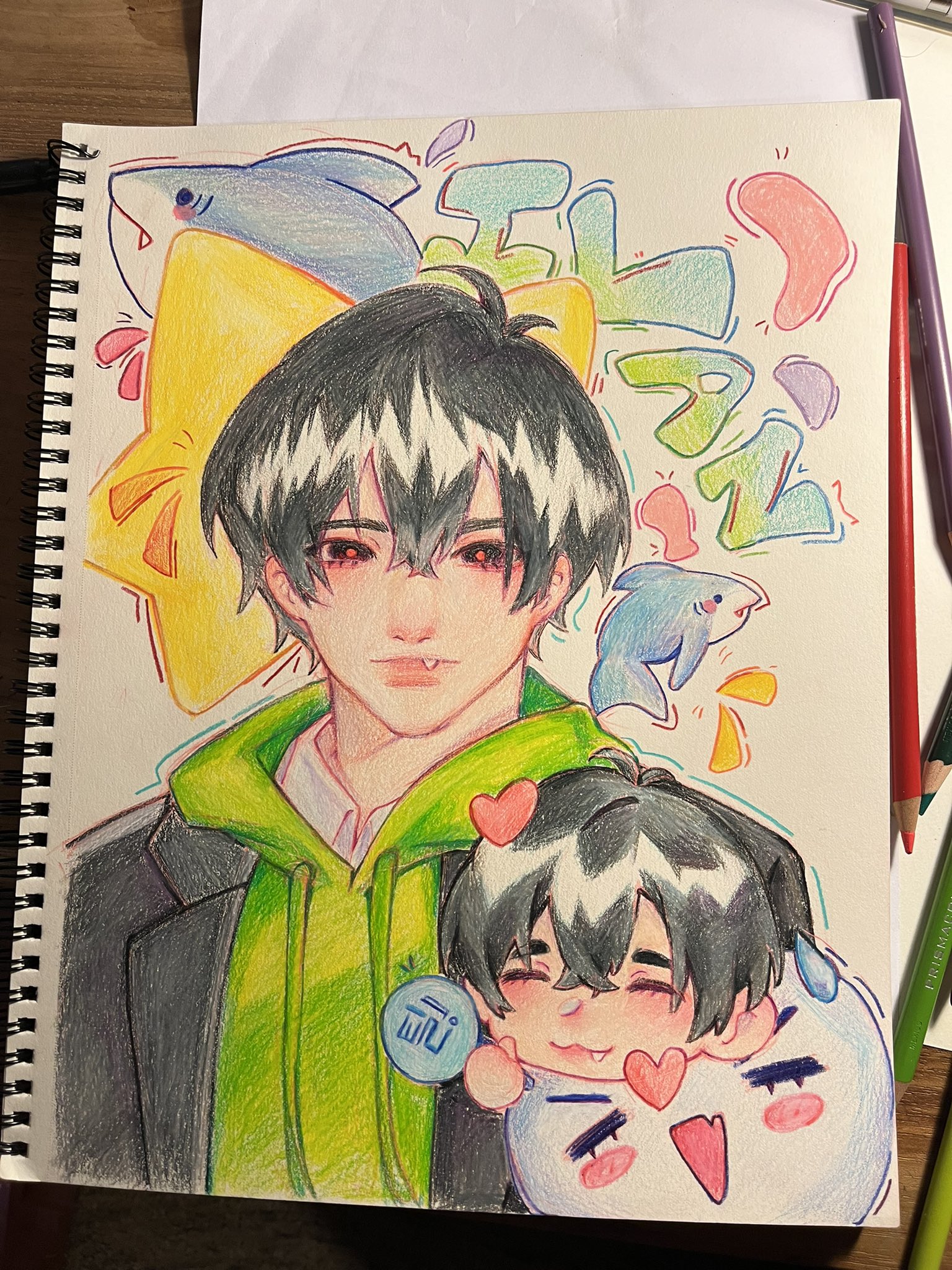 the image is a colored pencil drawing in an anime style. it features two boys, one larger and the other a smaller chibistyle character. the larger boy has dark hair, is wearing a green hoodie under a black jacket. the smaller boy is nestled close and appears happy. the background includes cartoon sharks, a bright yellow star, and colorful graffitilike elements in pastel shades. the overall style is bright, playful, and expressive.  the drawing appears to be fan art, possibly of an anime character or video game character, given its style.