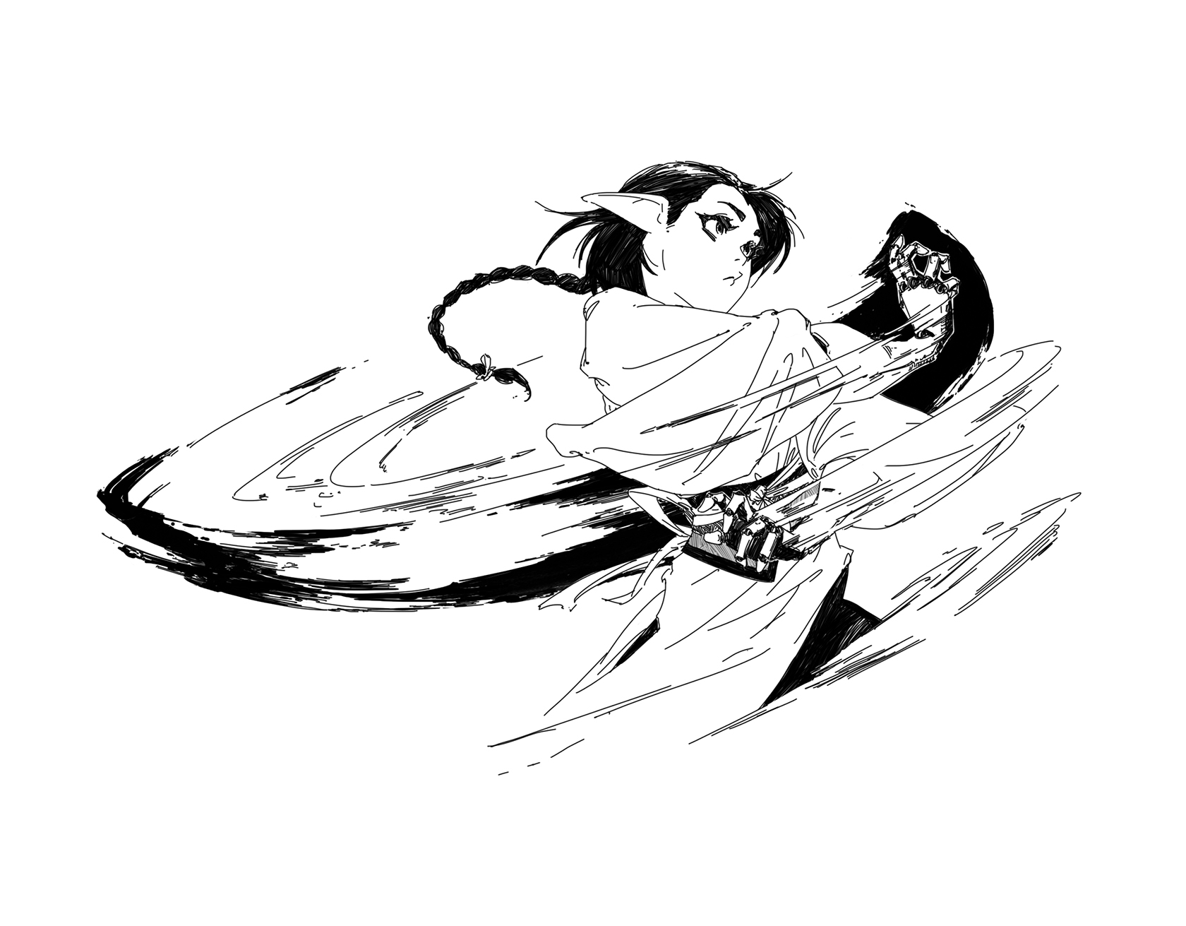 he image is a dynamic black and white drawing of an animestyle female elf character in midaction. she appears to be executing a martial arts move, her body twisted, and her limbs extended, suggesting speed and power. her clothing is flowing, emphasizing the motion. the background is mostly negative space, with stylized ink strokes that give the impression of movement and energy.  the overall style is expressive and evocative, emphasizing the character's power and agility.