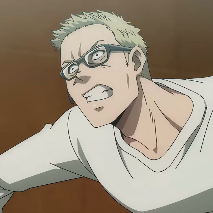 the image shows an illustration of a young man with blonde hair and glasses. he is wearing a white shirt and is shouting with an angry expression on his face. the image appears to be a closeup portrait of the character, likely from an anime or manga series. the setting seems to be indoors, possibly in a dimly lit room, based on the lighting and shadows.