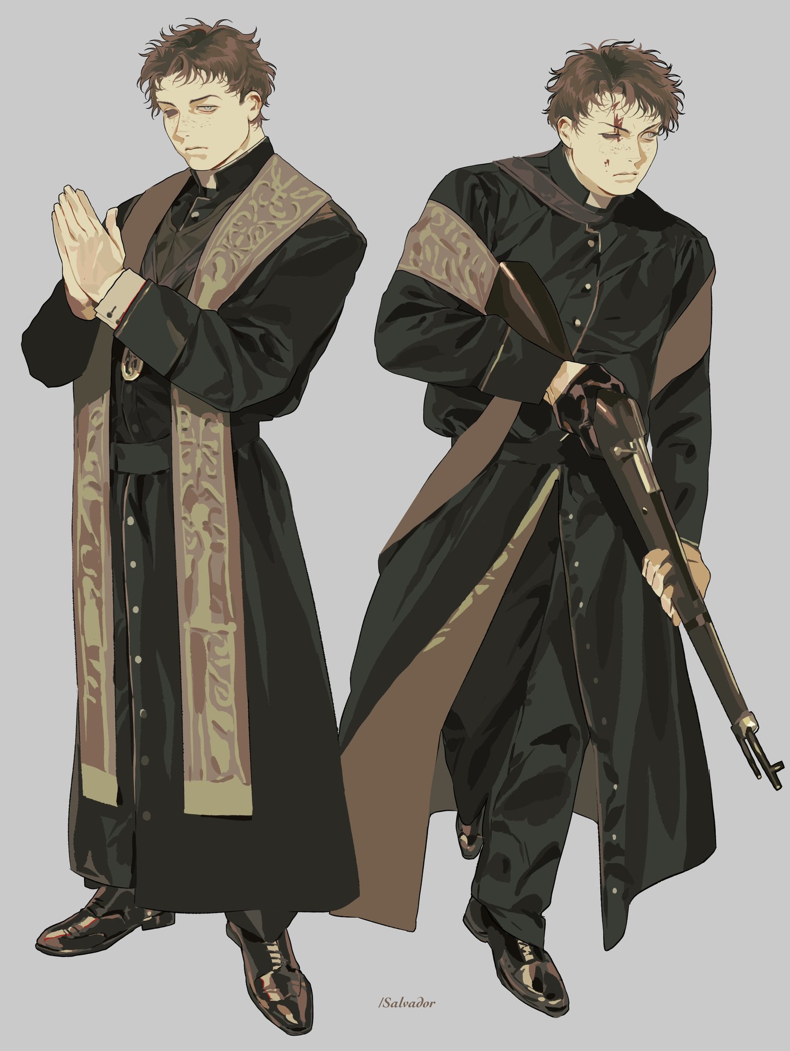 the artwork depicts two illustrations of a man dressed as a catholic priest. the man is shown in two different poses. in one, he has his hands together in a prayer position, and in the other, he is holding a shotgun. the priest is wearing a black cassock with a decorated sash, and in the second illustration, he has a scar on his face.