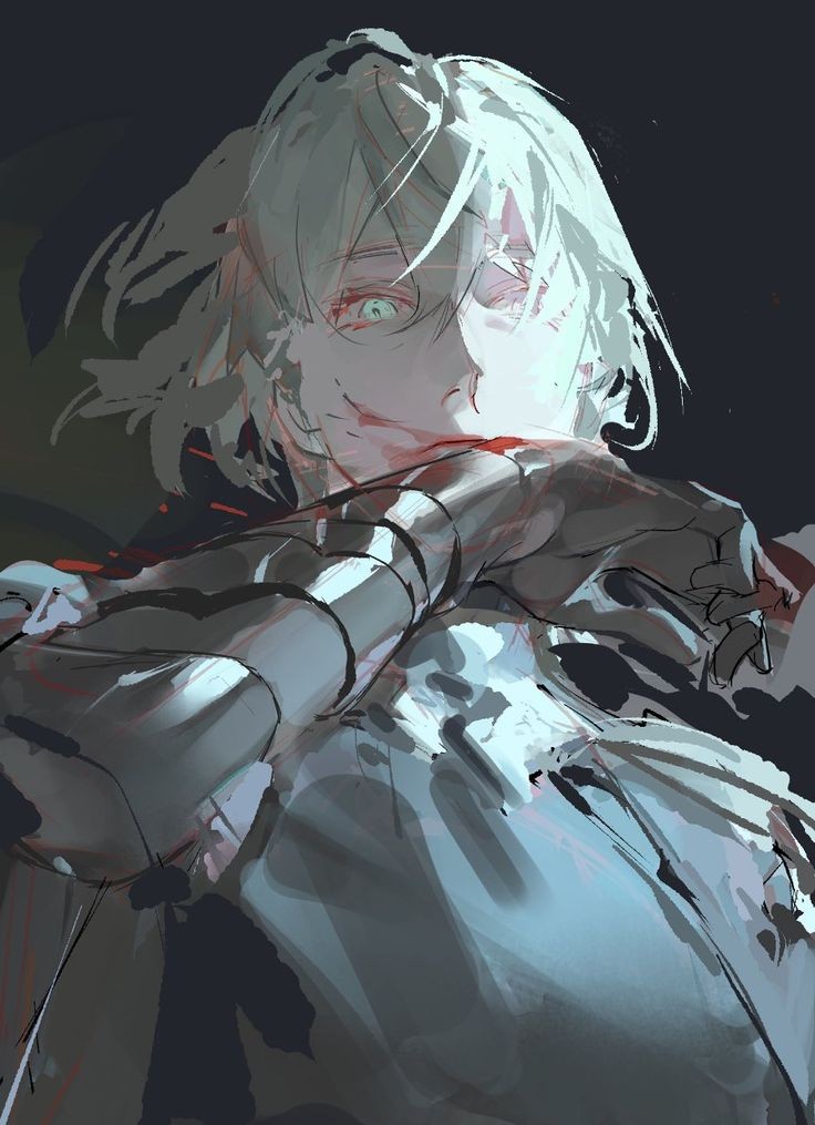 a striking digital illustration of a young man with white hair and intense green eyes. he bears a fresh scar across his face, a testament to a recent battle. his left arm is mechanical, a fusion of metal and wire, suggesting a cyborg enhancement. he is caught in a moment of pause, his expression a mixture of pain and determination. the overall tone of the image is dark and moody, heightened by the dramatic lighting and the character's battleworn appearance.