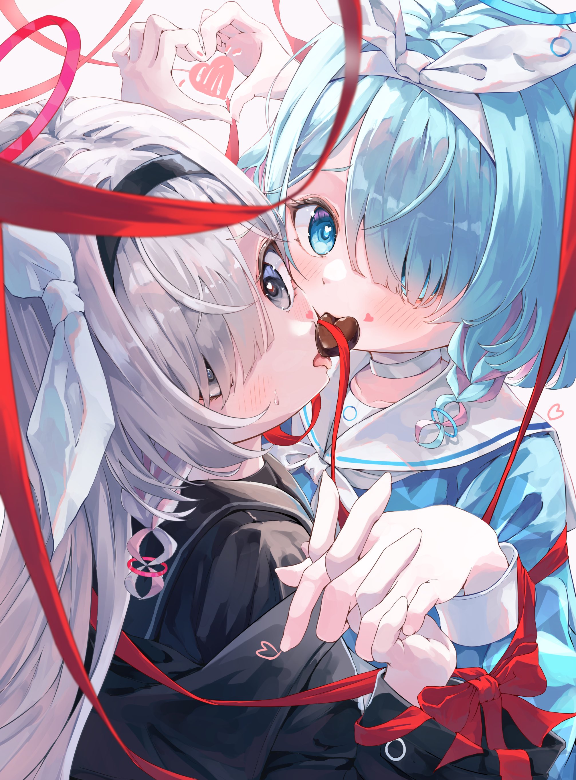 two anime girls are sharing a chocolate while kissing. they are wrapped in a red ribbon and making a heart shape with their hands. the girl on the left has gray hair and the girl on the right has blue hair. they are both wearing bows in their hair. the image is related to valentine's day and love.