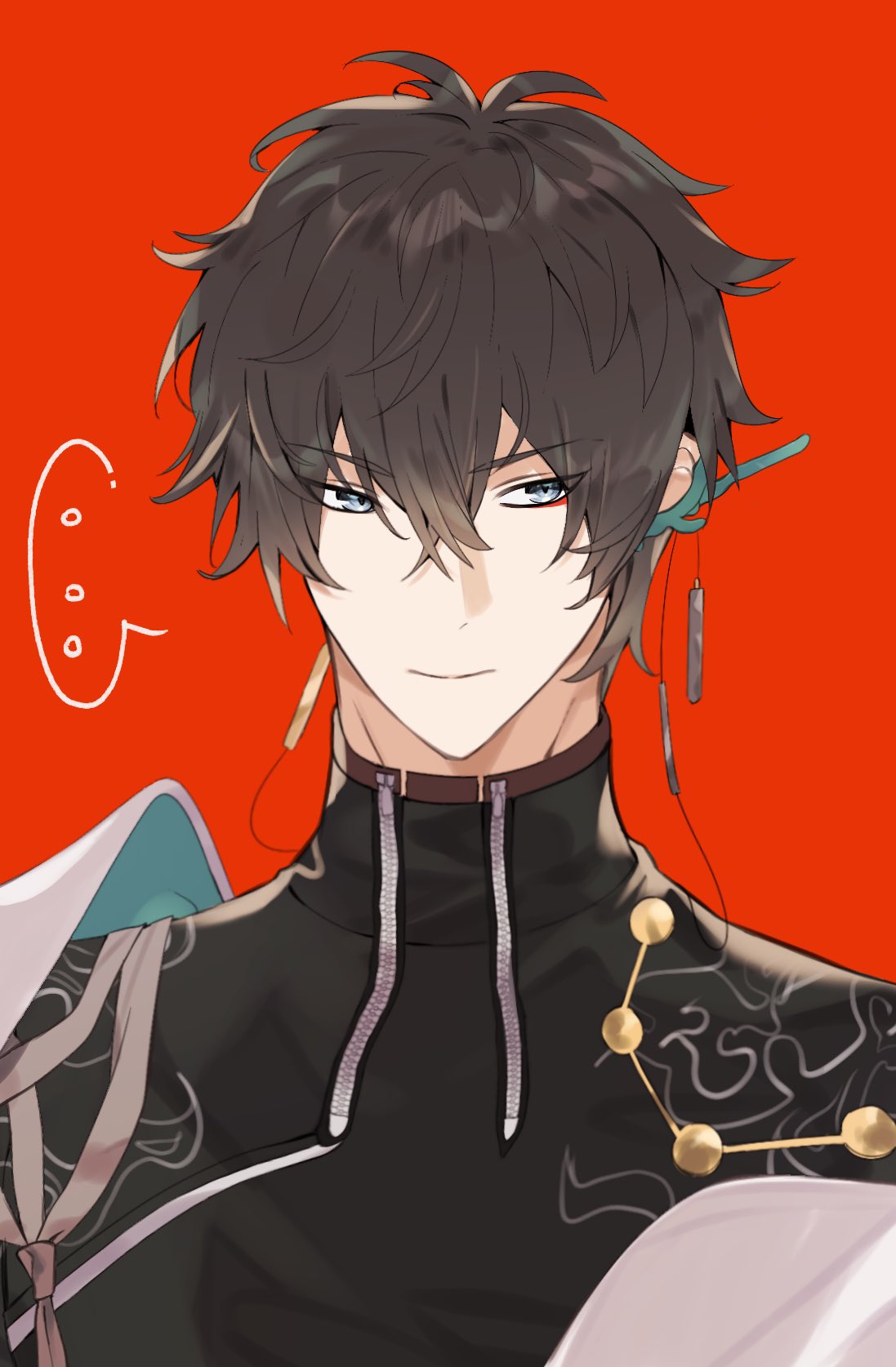 a handsome anime male character with black hair and blue eyes smiles slightly. he is wearing a black zip up jacket with white detailing on the shoulders. he has a blue and gold earring. he is set against a solid red background.