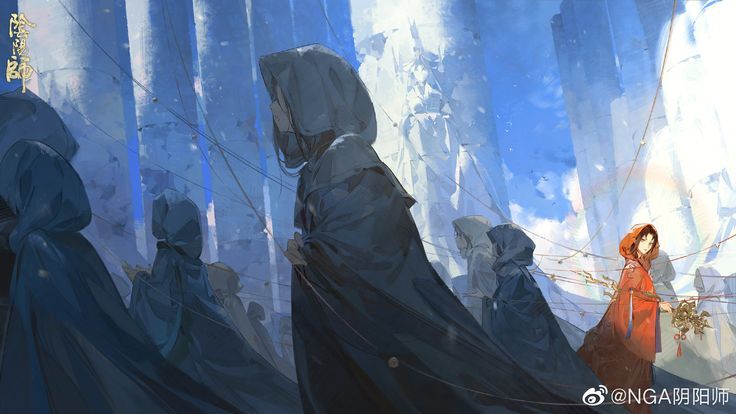 the image is a digital fantasy artwork showing a woman in a red cloak and hood walking amongst a crowd of hooded figures cloaked in blue and gray, in a city with tall buildings and towers. the sky is visible in the background, with clouds. the woman in red has long hair and is holding flowers. there are many strings running between the figures and the buildings. the bottom of the image has the text "@nga阴阳师".