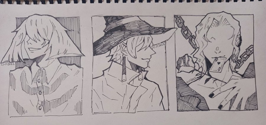 the image is a drawing of three anime male characters. each character is drawn in black and white pen and ink in a distinct style.  the character on the left is drawn in a more realistic style with detailed hair and a subtle smile. he is wearing a collared shirt with a tie and a jacket. the character in the middle is drawn in a more stylized style with large, expressive eyes. he is wearing a hat and coat.  the character on the right is drawn in a more dynamic style with a focus on the details of his clothing and accessories. he is wearing a chain, and he is holding a card in his hand.all three characters are drawn with a sense of style and flair. their expressions are varied and engaging, and their details are welldefined.  the drawing is done in a clear and concise style, and the artist has used line work and shading to create a sense of depth and dimension.