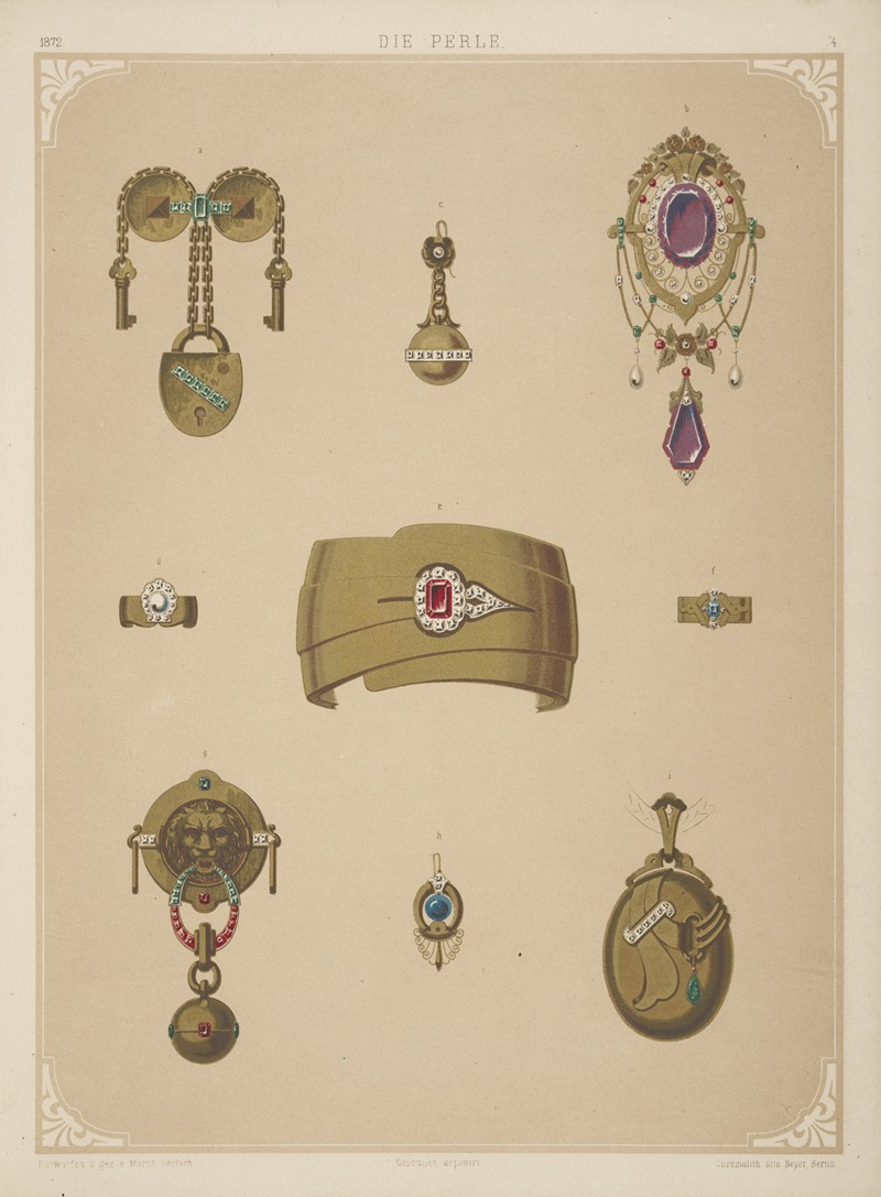 an antique print titled "die perle" showcasing an assortment of ornate victorian jewelry pieces. it features various designs including brooches, earrings, rings, bracelets, and lockets, some adorned with gems. one notable piece is a padlock design with keys and chains.