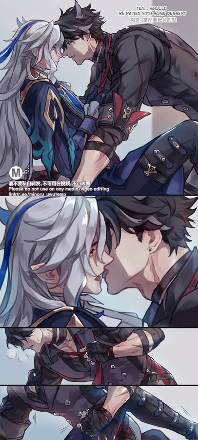 the image depicts a romantic scene between two anime boys. the first panel shows the two boys looking at each other with a sweet smile. the second panel shows a closeup of the boys' faces as they lean in for a kiss. the third panel shows the boys hugging each other, looking happy and affectionate. the image is drawn in a beautiful and stylish way, with the characters' expressions and clothing detail drawn to perfection. the overall vibe of the image is romantic, cute, and heartwarming.