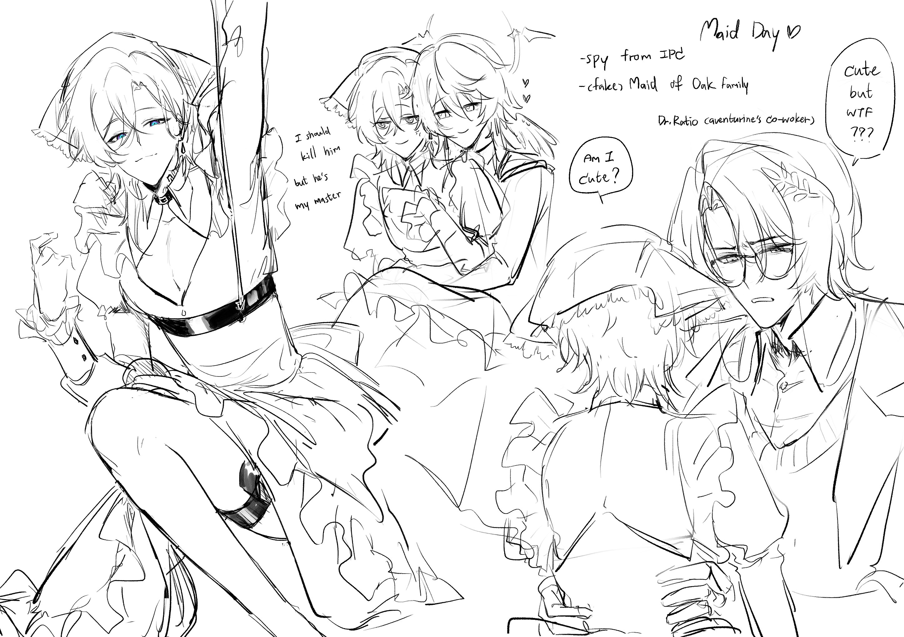 the image is a drawing of 4 anime characters. two of them are wearing maid outfits, while the other two are dressed casually. the characters are engaged in various actions such as cuddling, hugging and holding each other. one of the maid characters is being held by the other maid character. the casual dressed characters are looking at the two maid characters with mixed expressions. the background of the drawing is white and the drawing is done in black and white.
