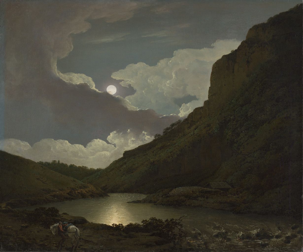 a romantic painting depicts a tranquil moonlit landscape. a calm lake reflects the moonlight, creating a shimmering path across the water. on the left, a horse stands near the shore, silhouetted against the moonlit water. rolling hills and a towering mountain flank the lake, covered in trees. the sky is filled with dramatic, illuminated clouds, with the moon peeking through them, casting its glow over the entire scene. a small building is nestled near the foot of the mountain on the right side.