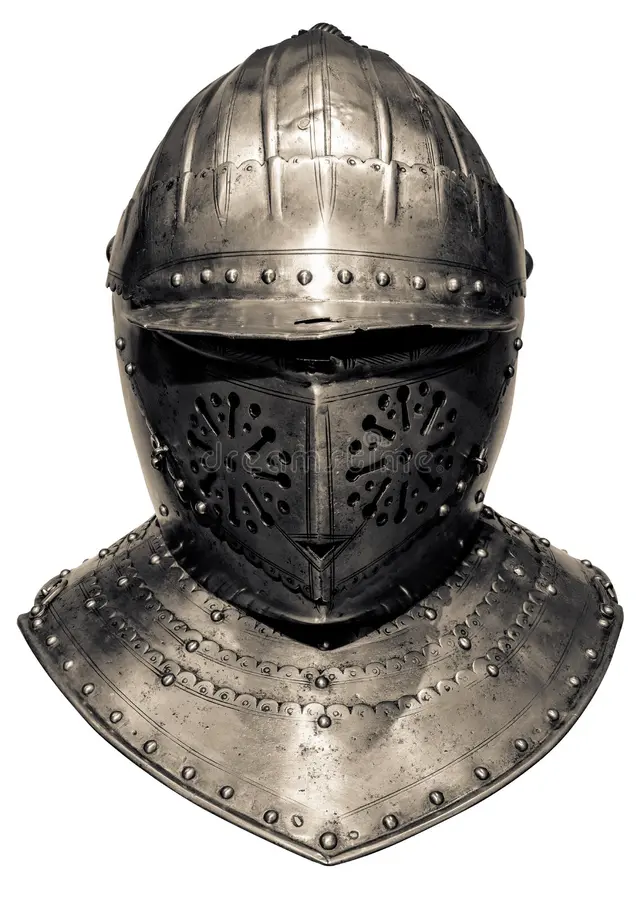 the image showcases a closeup of a medieval knight's helmet against a stark white background. crafted from polished steel, the helmet features intricate details and a design that prioritizes both protection and visibility. the lighting emphasizes the helmet's metallic sheen and highlights the craftsmanship involved in its creation.