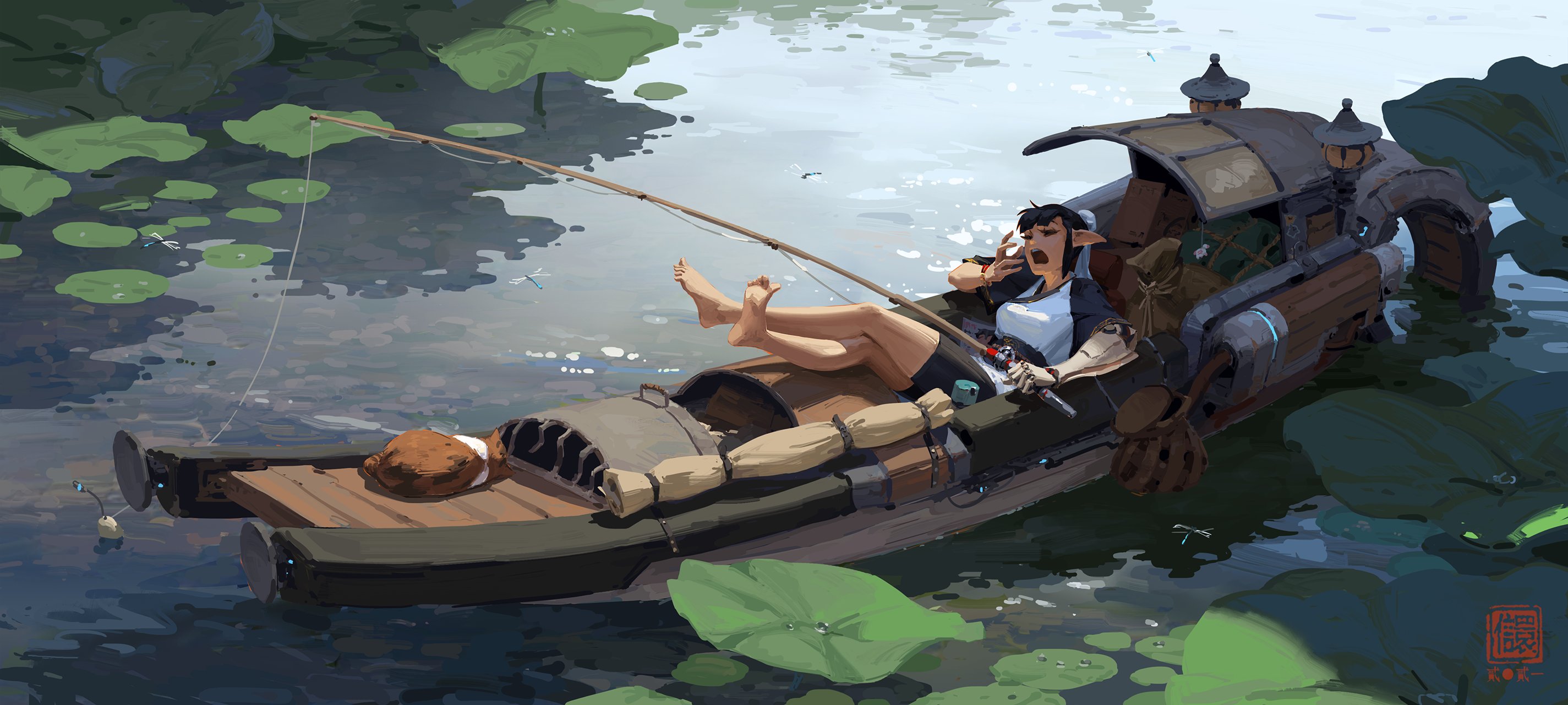the digital painting depicts a whimsical scene of an elflike female character relaxing in a steampunkinspired boat on a calm body of water surrounded by lily pads. the woman is casually dressed, yawning, and appears tired.  her feet are propped up, and she's holding a fishing rod. a small doglike creature is resting on the boat's deck. the boat itself is a unique blend of wood and technological elements, giving it a distinctive steampunk aesthetic. the overall style is painterly, with loose brush strokes creating a feeling of serenity and peacefulness. the background features softly rendered water and lush green vegetation.  a small seallike stamp is visible in the bottom right corner.