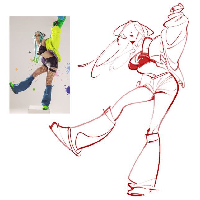 the image shows a fashion illustration of a female model in a dynamic pose, drawing style, inspired by a photograph of a woman in streetwear fashion. the illustration is a stylized sketch with exaggerated proportions in a red color scheme. the model in the original image is wearing a yellow jacket, a black crop top and shorts, fishnet stockings, and blue leg warmers with green shoes. the illustration captures the essence of the pose and the outfit but simplifies the details and stylizes the figure into an animeinspired look.