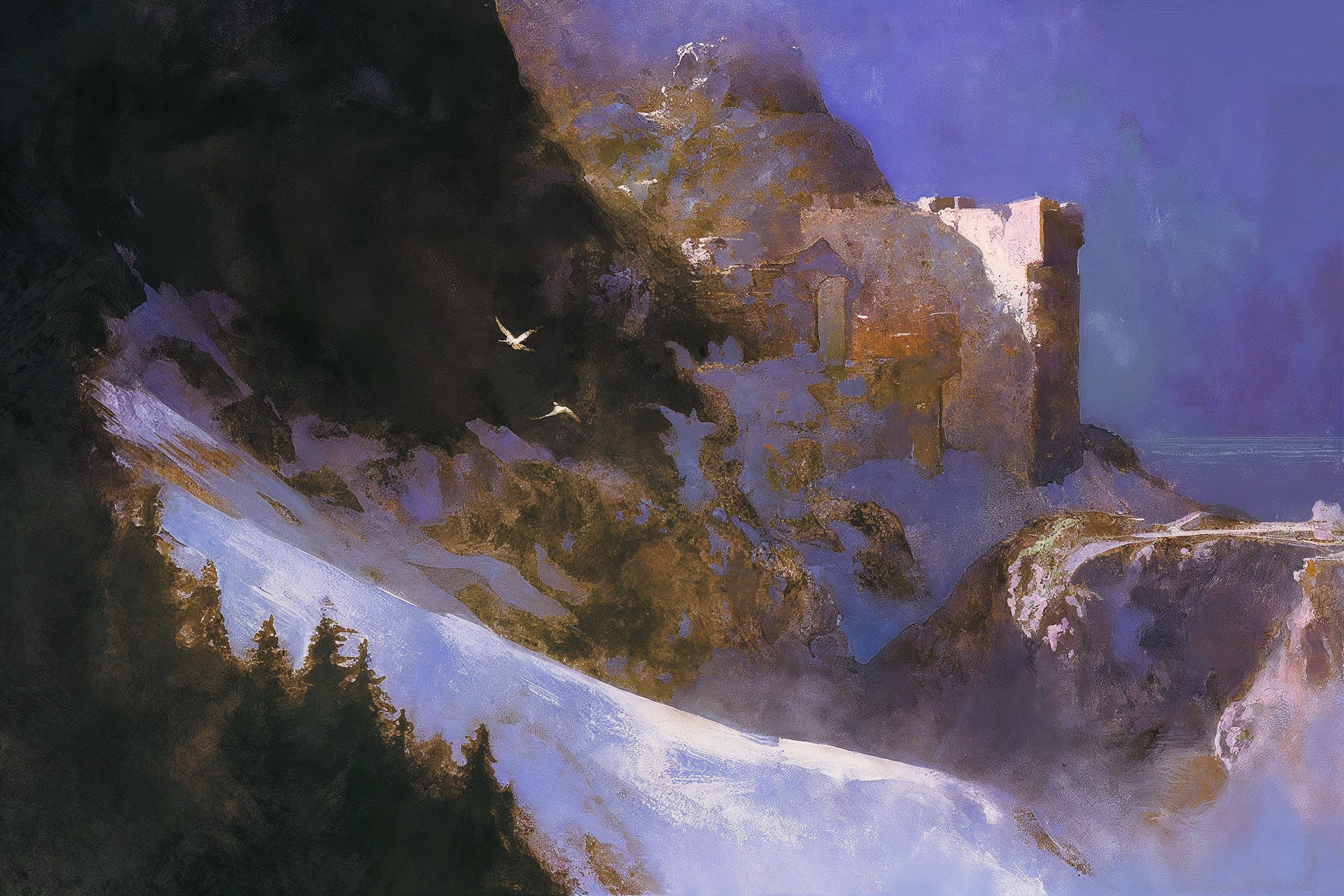 a painting depicting a romantic landscape scene of a snowcapped mountain with a crumbling castle perched upon a cliff. birds fly in the sunset sky. the scene is bathed in an ethereal, almost mystical, light. the artist's use of color and brushstrokes creates a sense of depth and atmosphere, drawing the viewer into the picture.