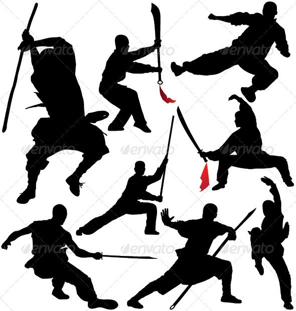 the image features nine silhouettes of martial artists engaged in various fighting stances and wielding different weapons. the silhouettes are all black against a white background, creating a striking visual contrast. the weapons include swords, staffs, and spears. the artists are depicted in a variety of poses, showcasing their flexibility and power. the overall image suggests a sense of action, strength, and discipline.